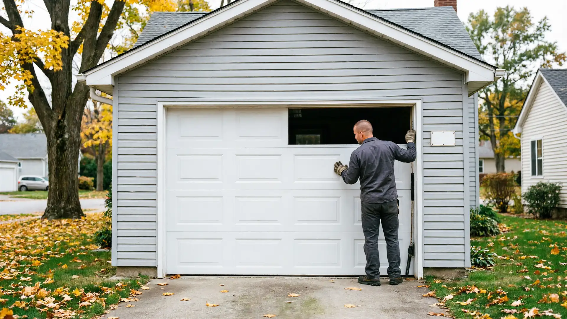 A technician installs a white garage door on a gray house in autumn.