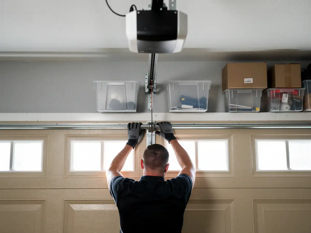 A technician in gloves works on a garage door with windows and an opener.