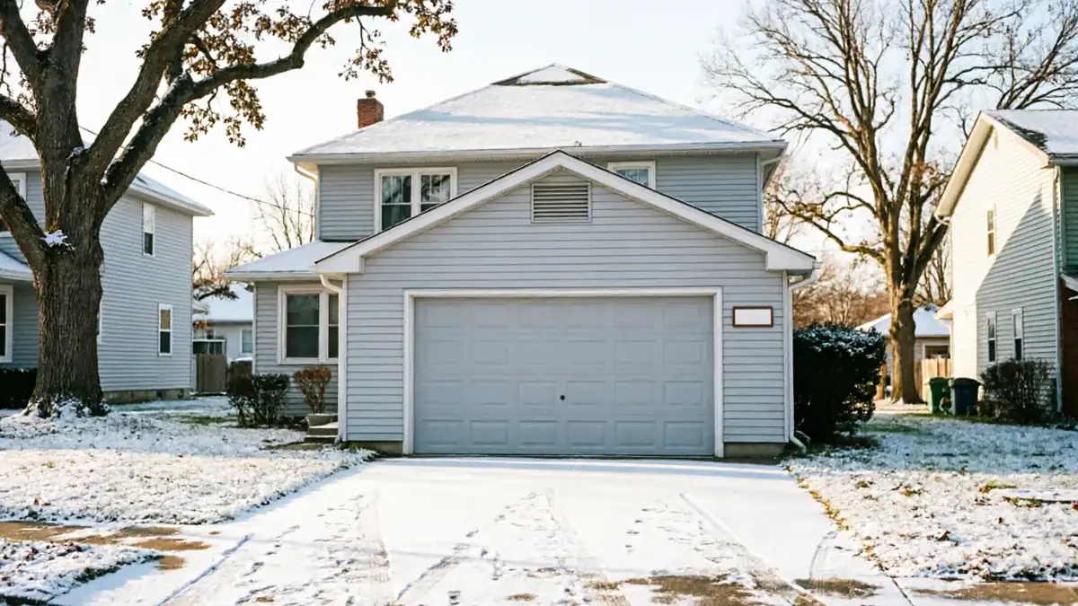 A light blue house with a gray garage door is covered in snow.
