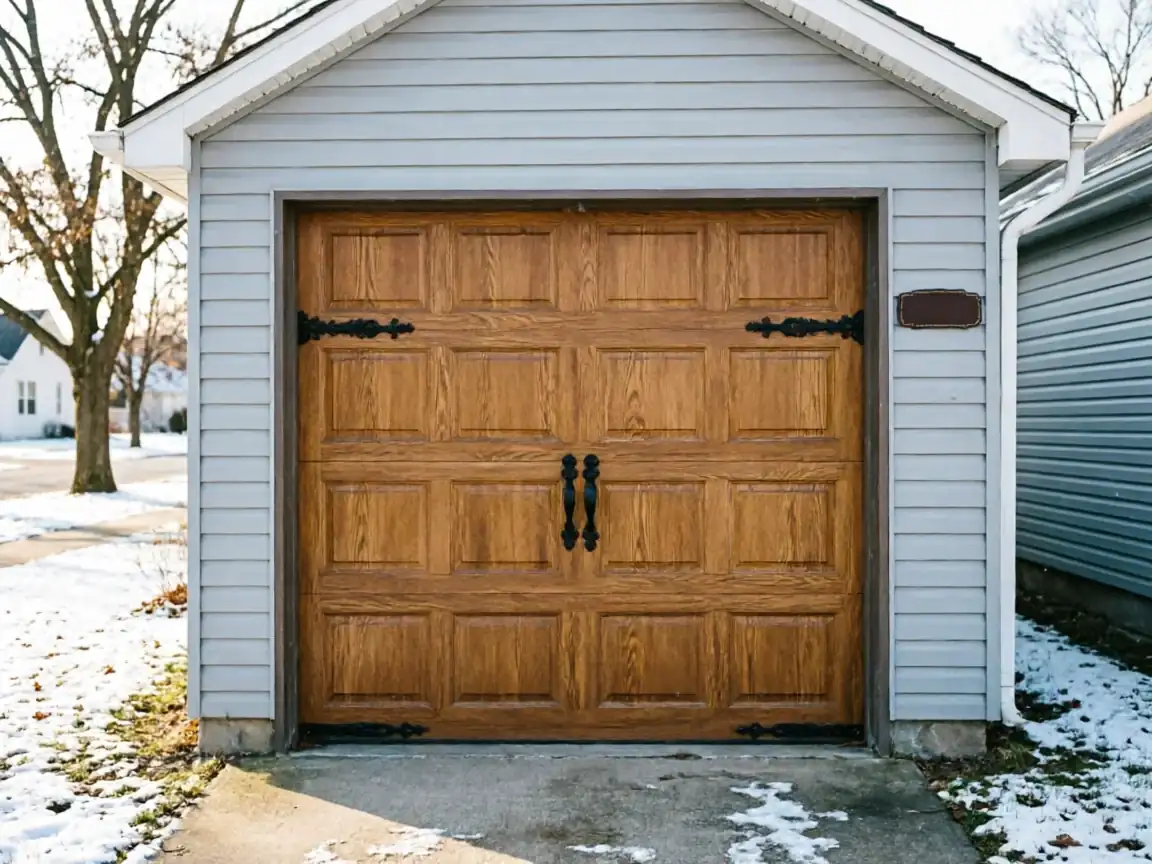 A brown wooden garage door with black decorative hardware on a light gray garage.